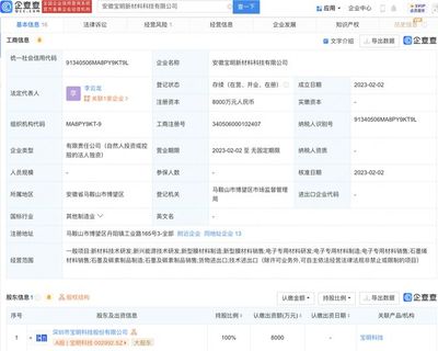 寶明科技于安徽設新材料科技子公司,注冊資本8000萬